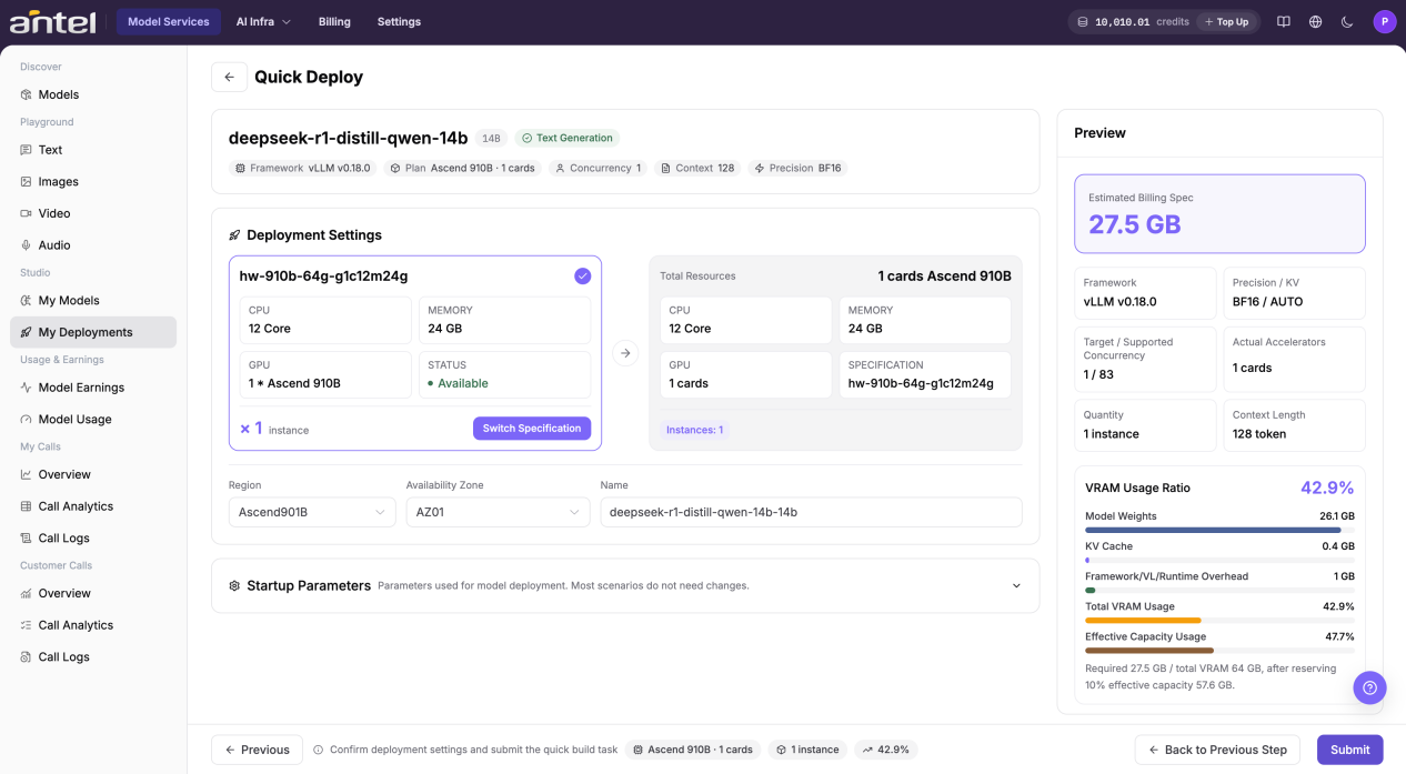 Confirm model instance configuration and submit