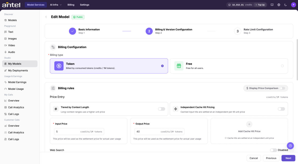 Configure model billing options