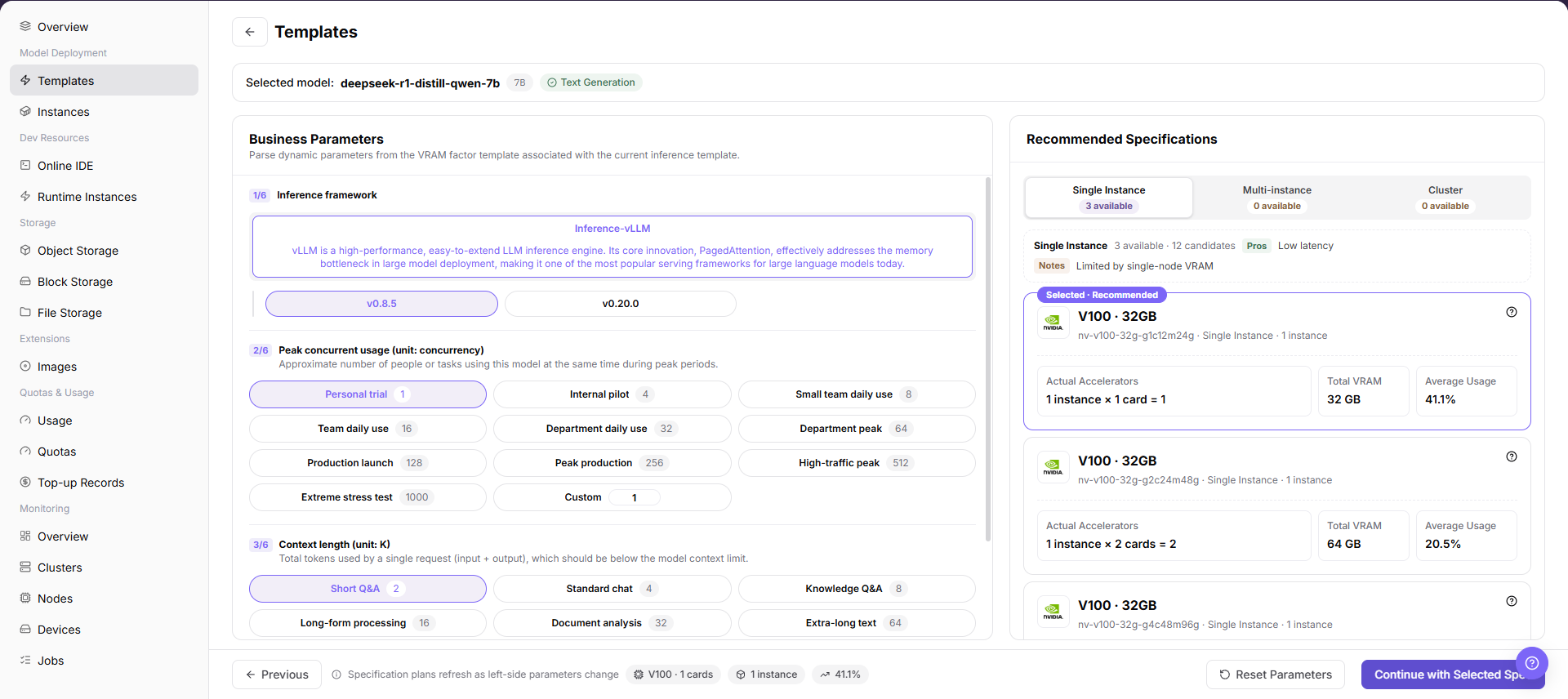 Configure concurrency and context length and select the recommended flavor
