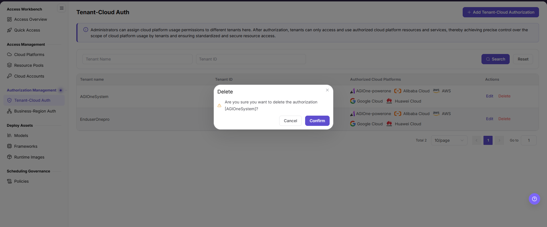 Delete tenant authorization