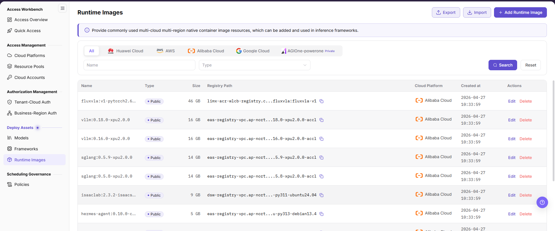 Runtime Images page