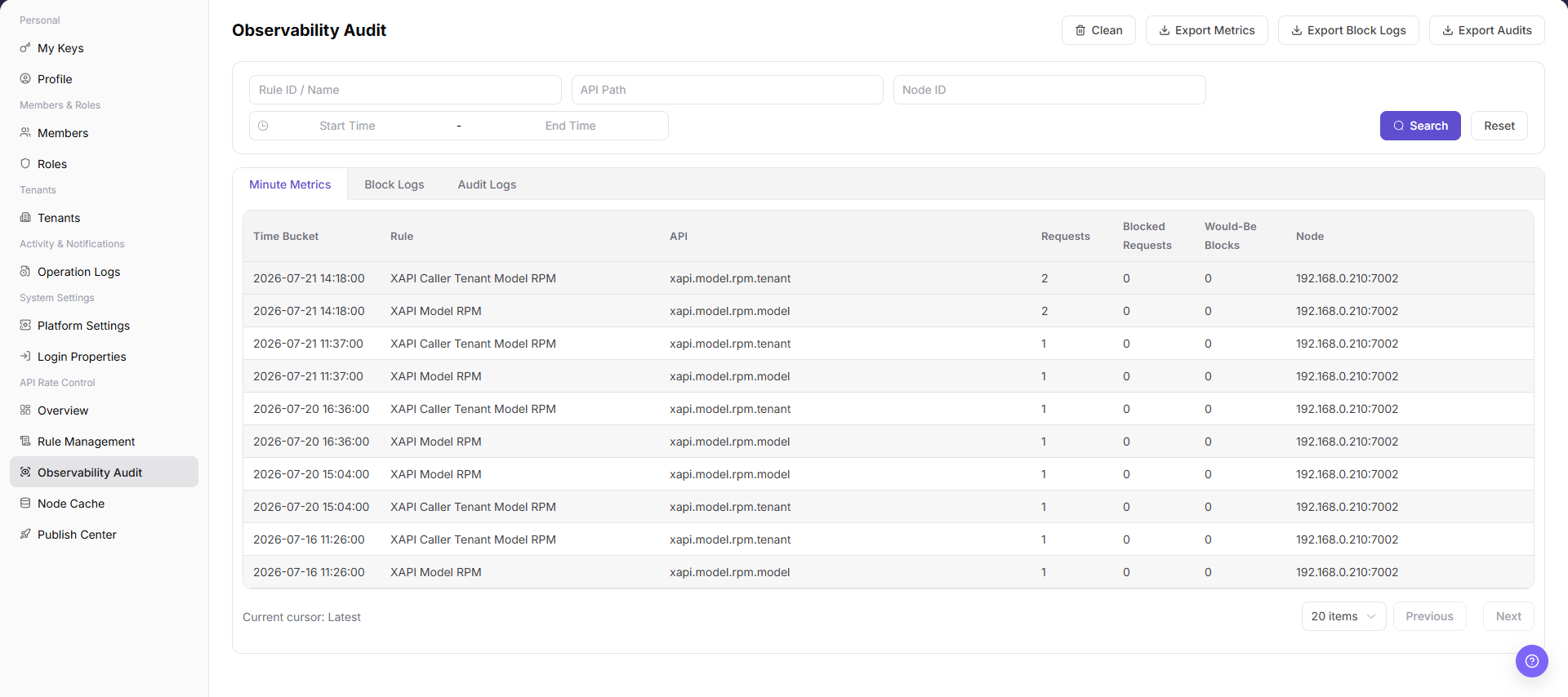 Review audit details by API, node, and time range