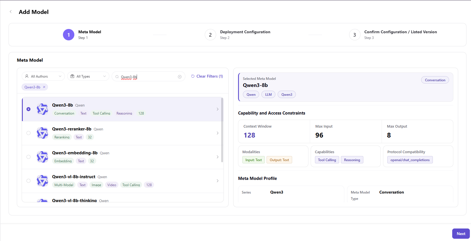Select a meta-model and listed version